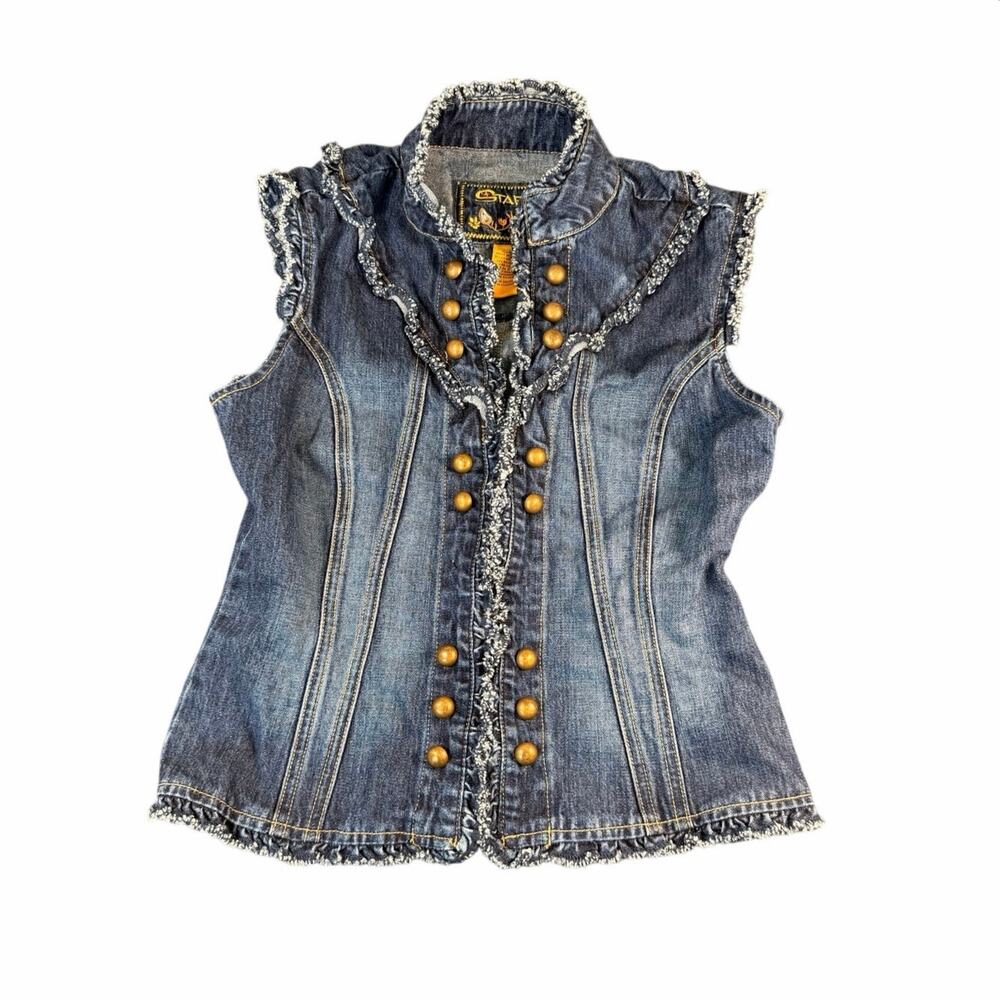Vtg Y2K Star Jeans Denim Vest M Ruffle Trim Brass Button Cottage Goblincore Boho